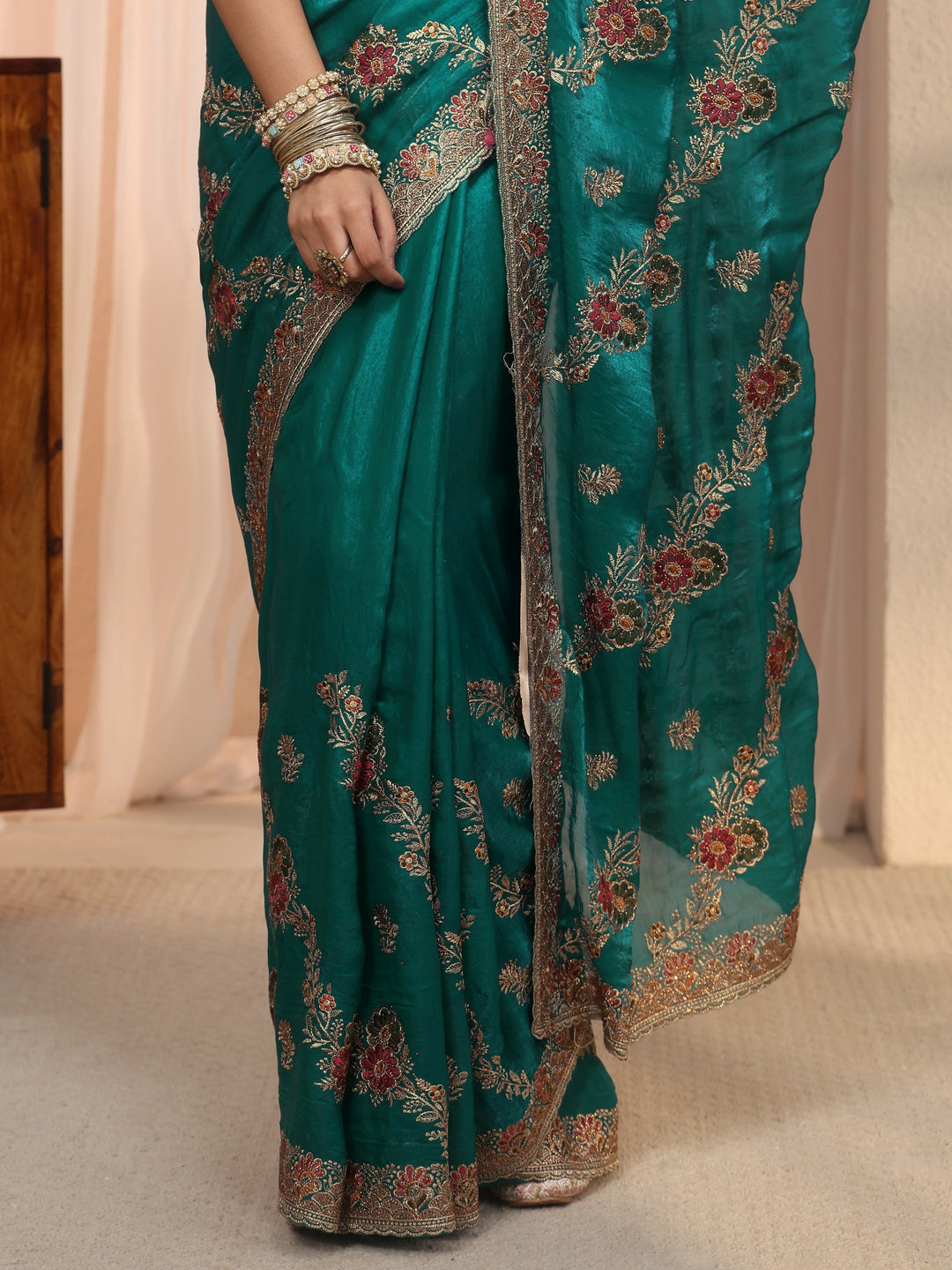  Libas Sea Green Floral Embroidered Tissue Saree 