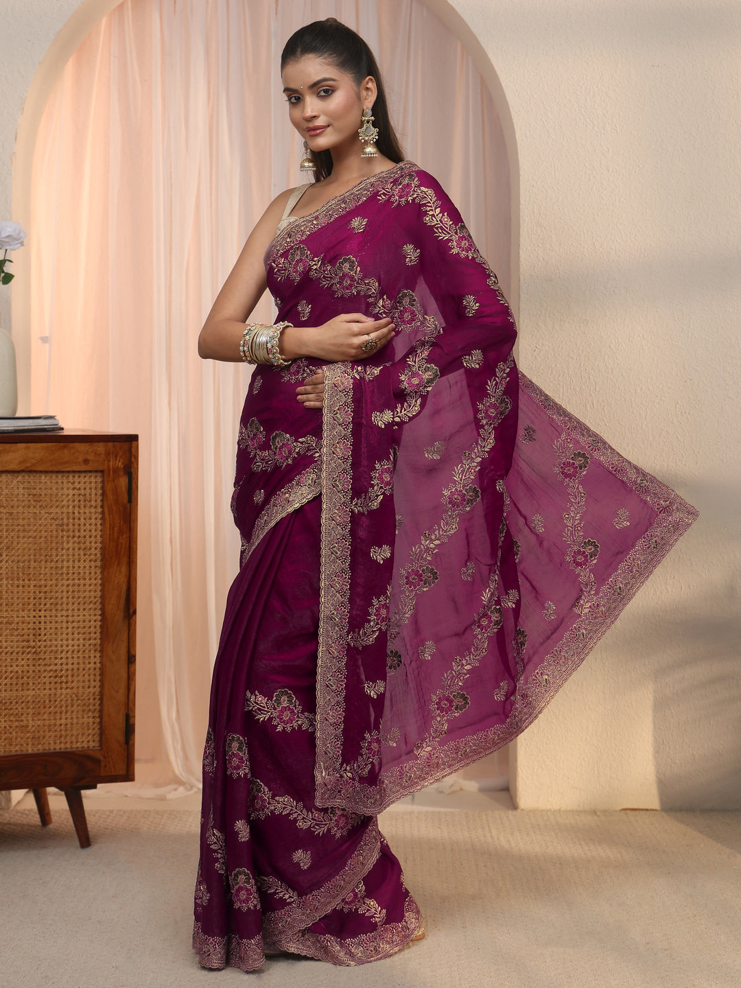  Libas Wine Floral Embroidered Tissue Saree 