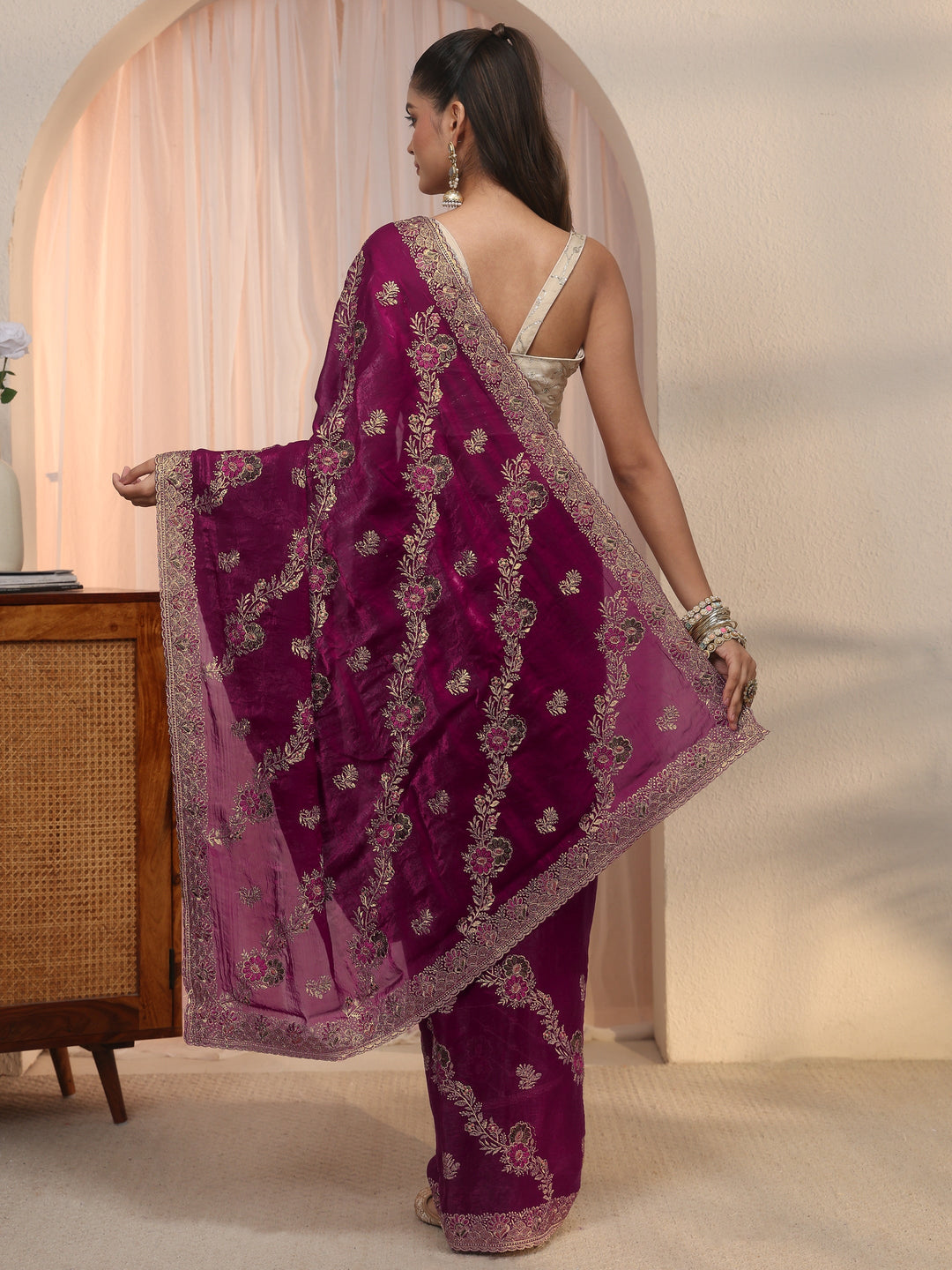  Libas Wine Floral Embroidered Tissue Saree 