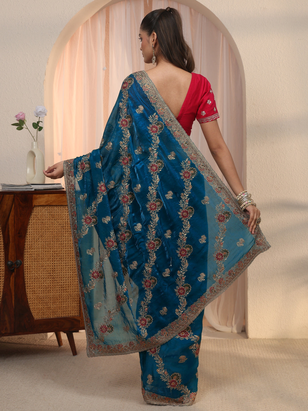  Libas Blue Floral Embroidered Tissue Saree 