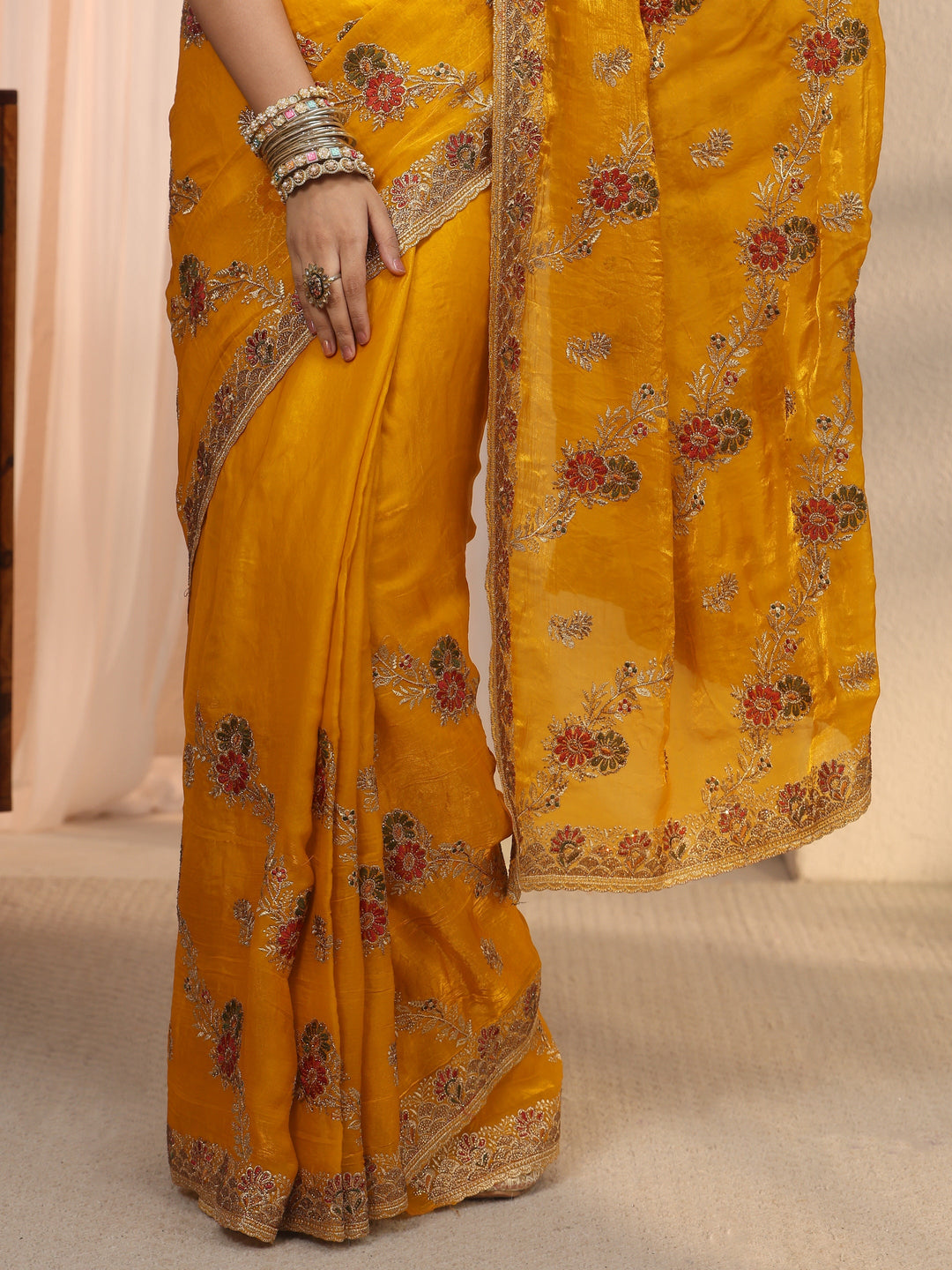  Libas Mustard Floral Embroidered Tissue Saree 