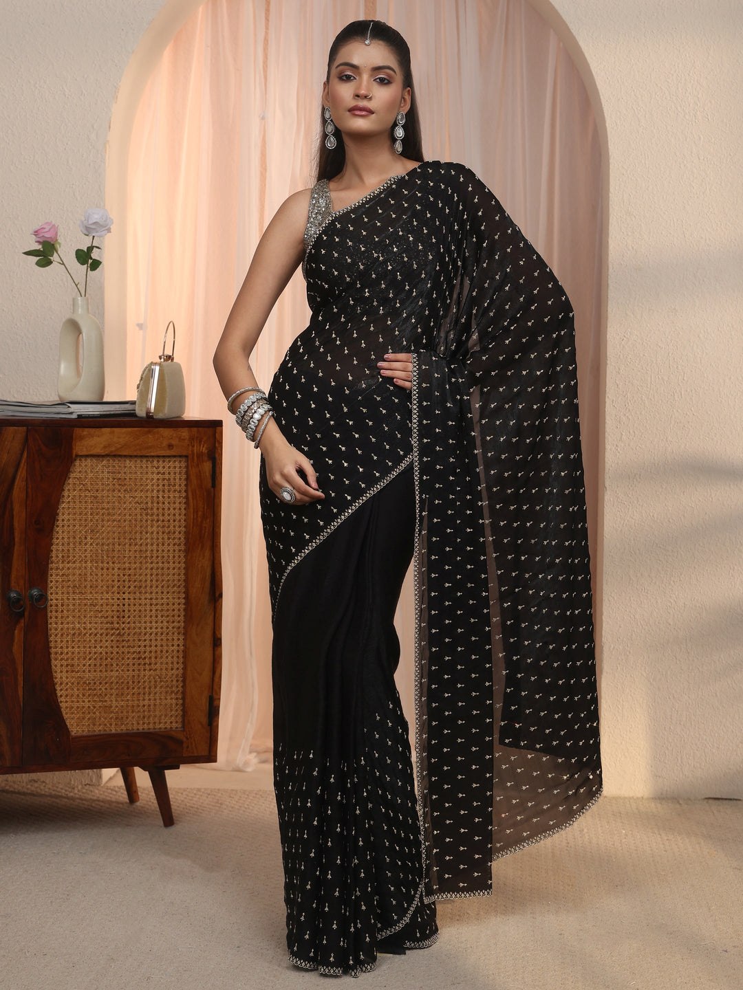  Libas Black Stone Work Embellished Tissue Saree 