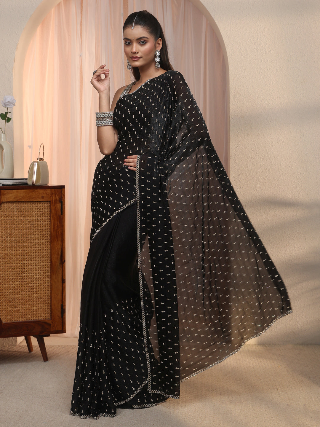 Libas Black Stone Work Embellished Tissue Saree 