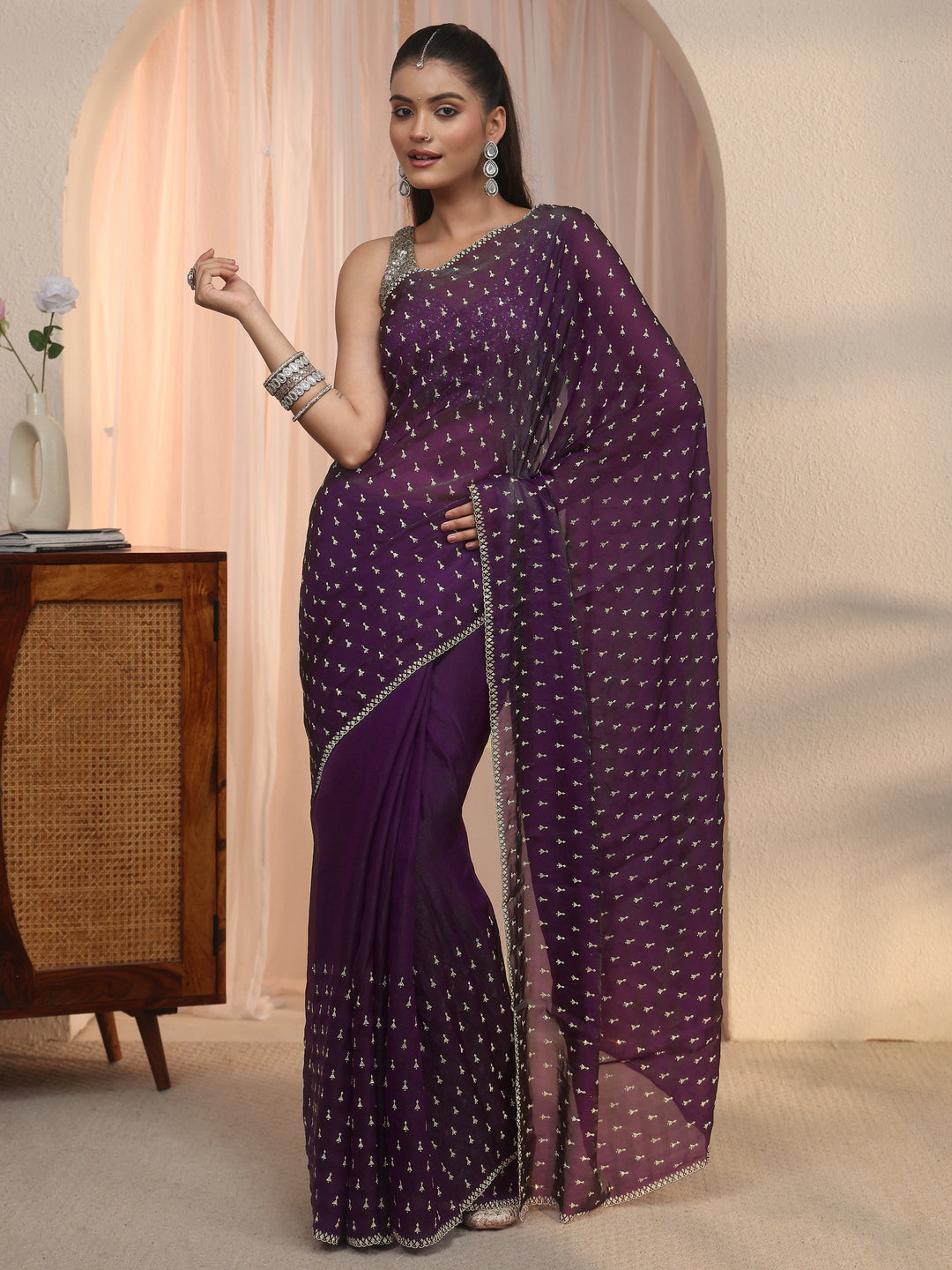  Libas Purple Stone Work Embellished Tissue Saree 