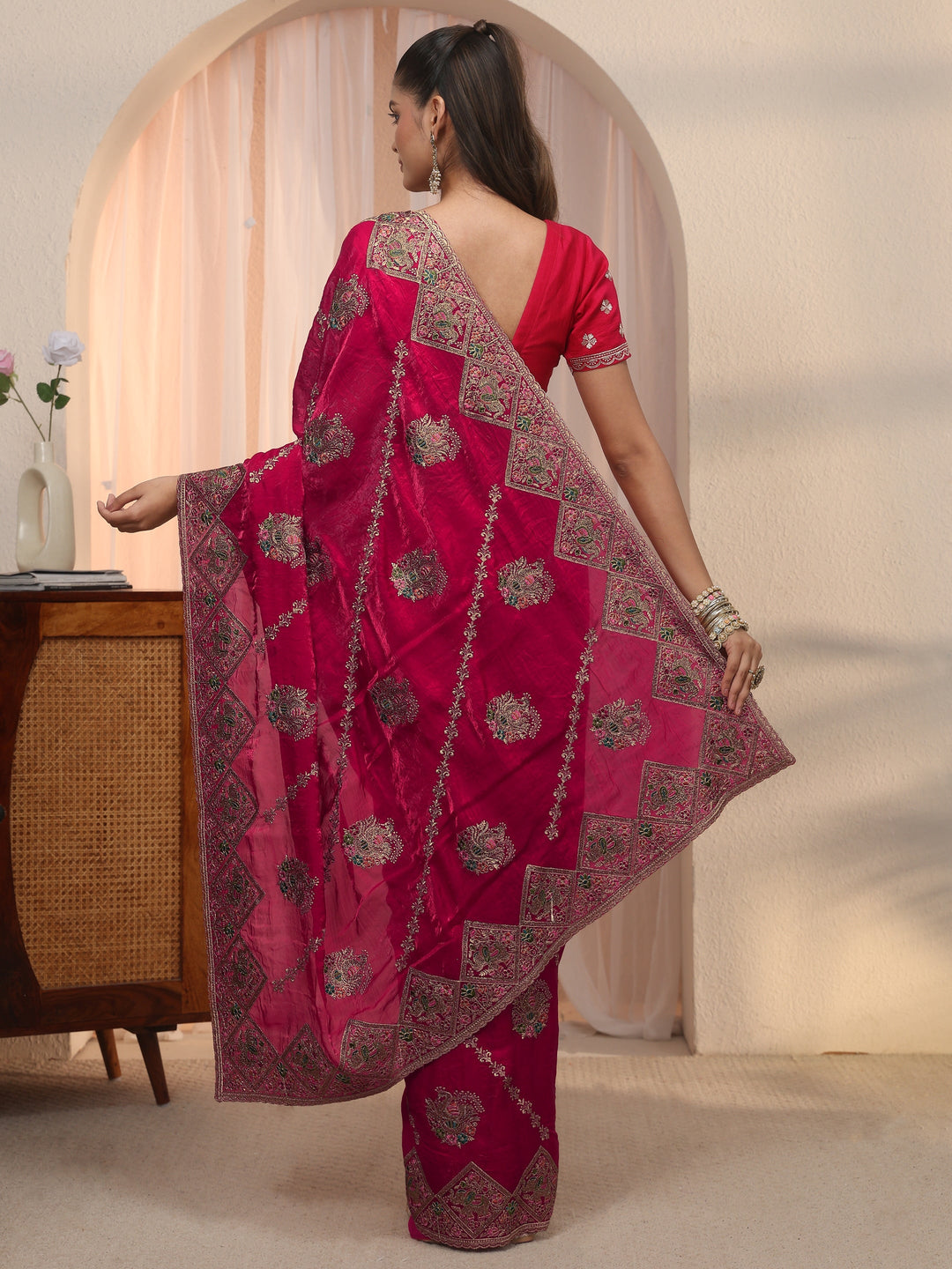  Libas Art Rani Pink Peacock Embroidered Tissue Saree 