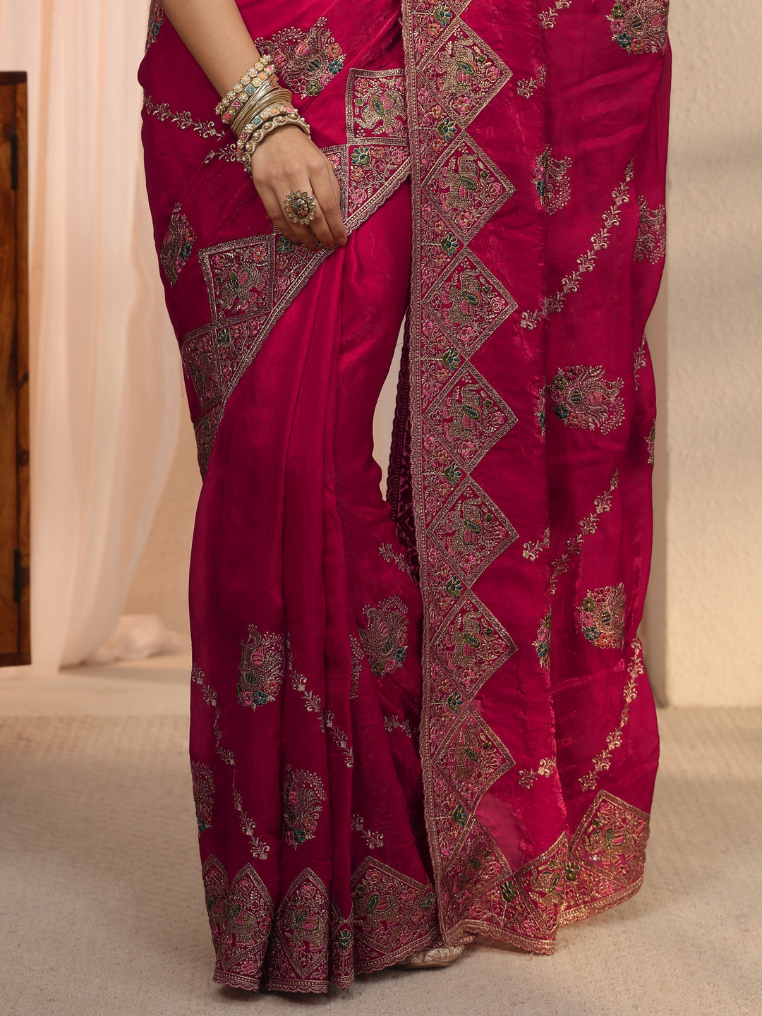  Libas Art Rani Pink Peacock Embroidered Tissue Saree 