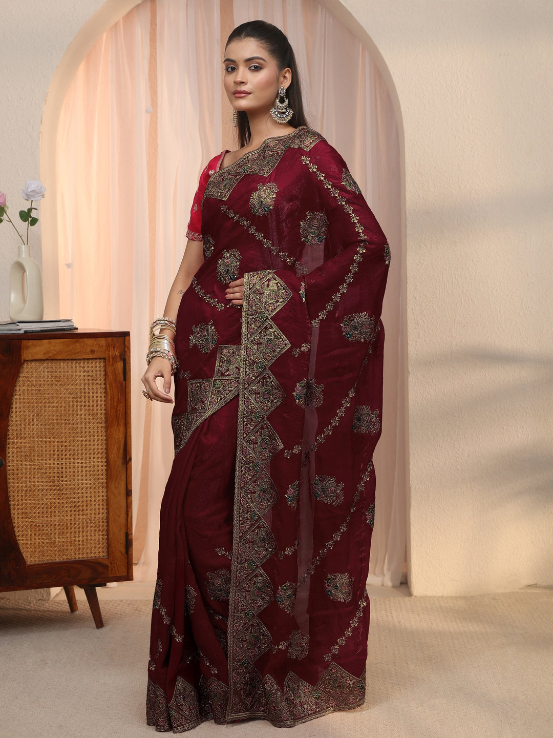  Libas Art Maroon Peacock Embroidered Tissue Saree 