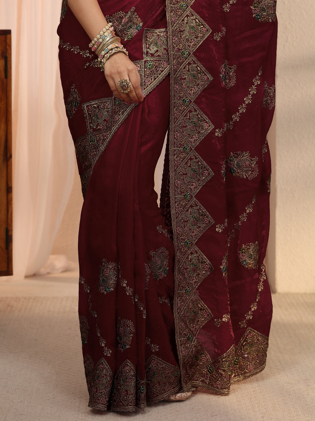  Libas Art Maroon Peacock Embroidered Tissue Saree 