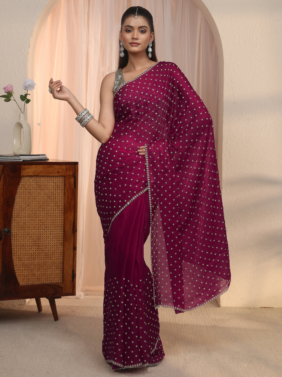  Libas Magenta Pink Stone Work Embellished Tissue Saree 