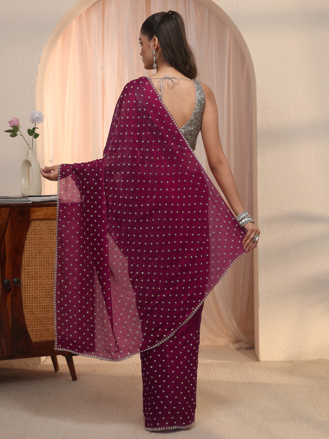  Libas Magenta Pink Stone Work Embellished Tissue Saree 