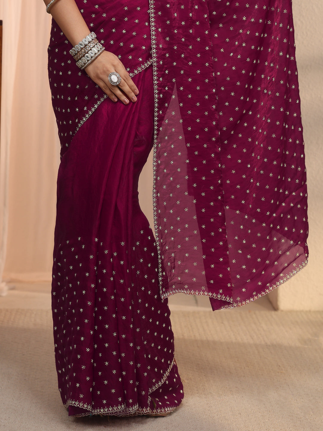  Libas Magenta Pink Stone Work Embellished Tissue Saree 