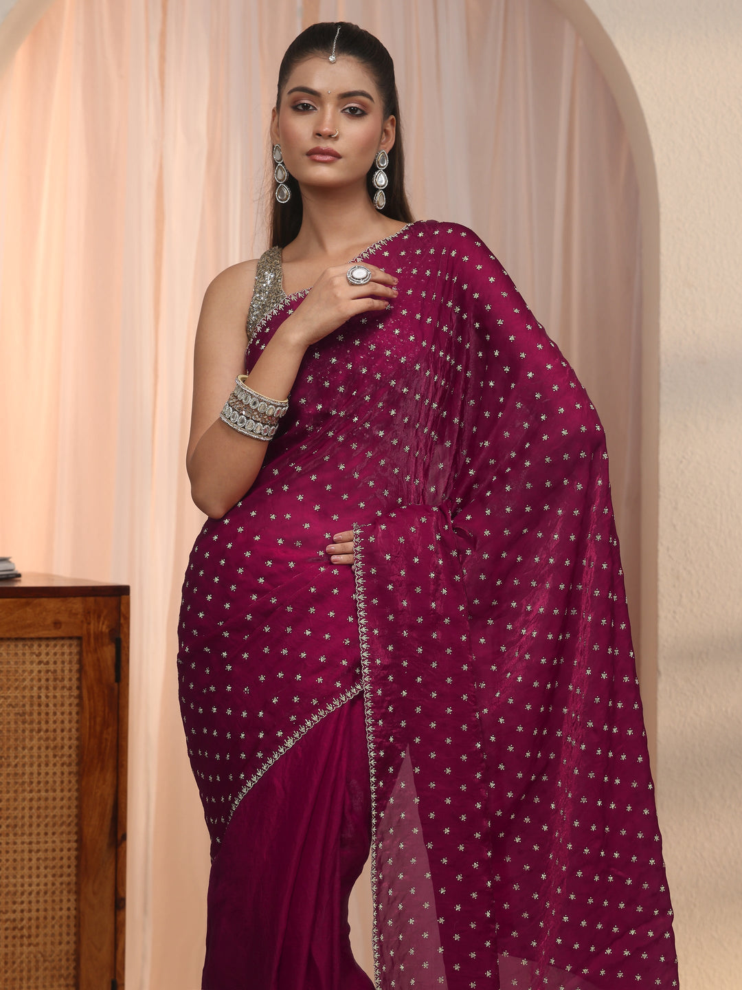  Libas Magenta Pink Stone Work Embellished Tissue Saree 