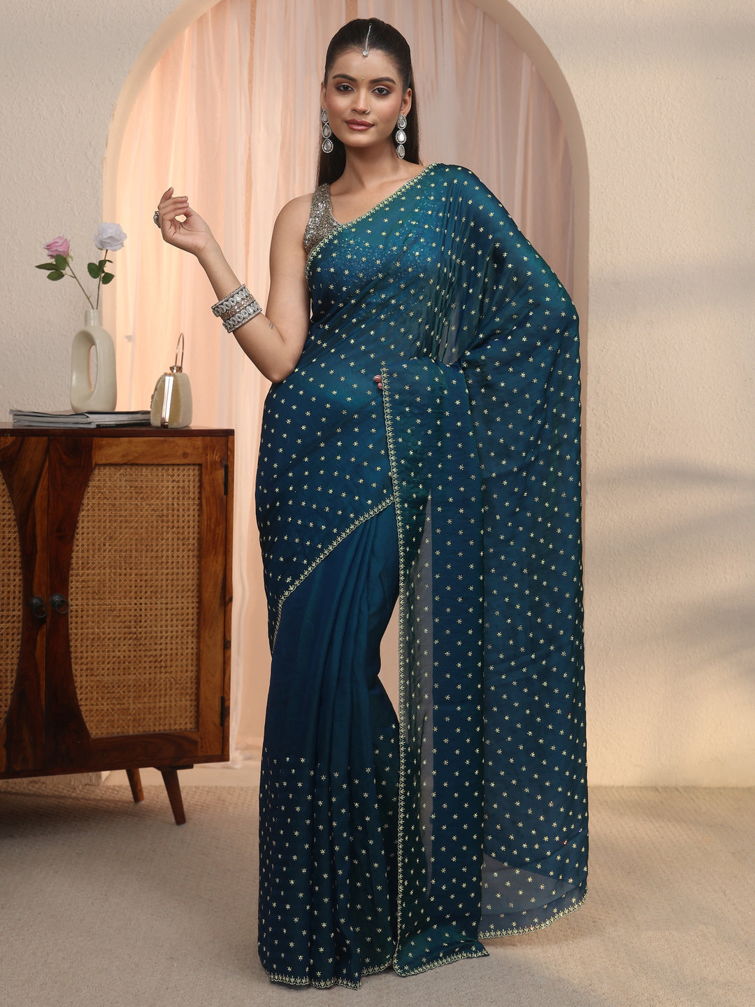  Libas Blue Stone Work Embellished Tissue Saree 