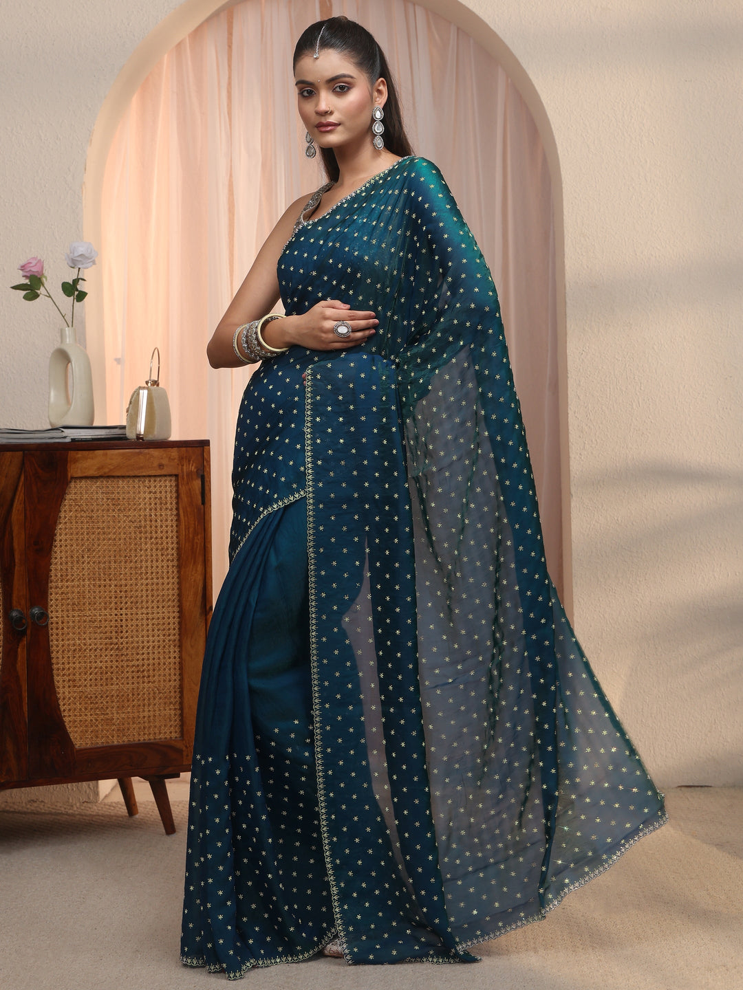  Libas Blue Stone Work Embellished Tissue Saree 