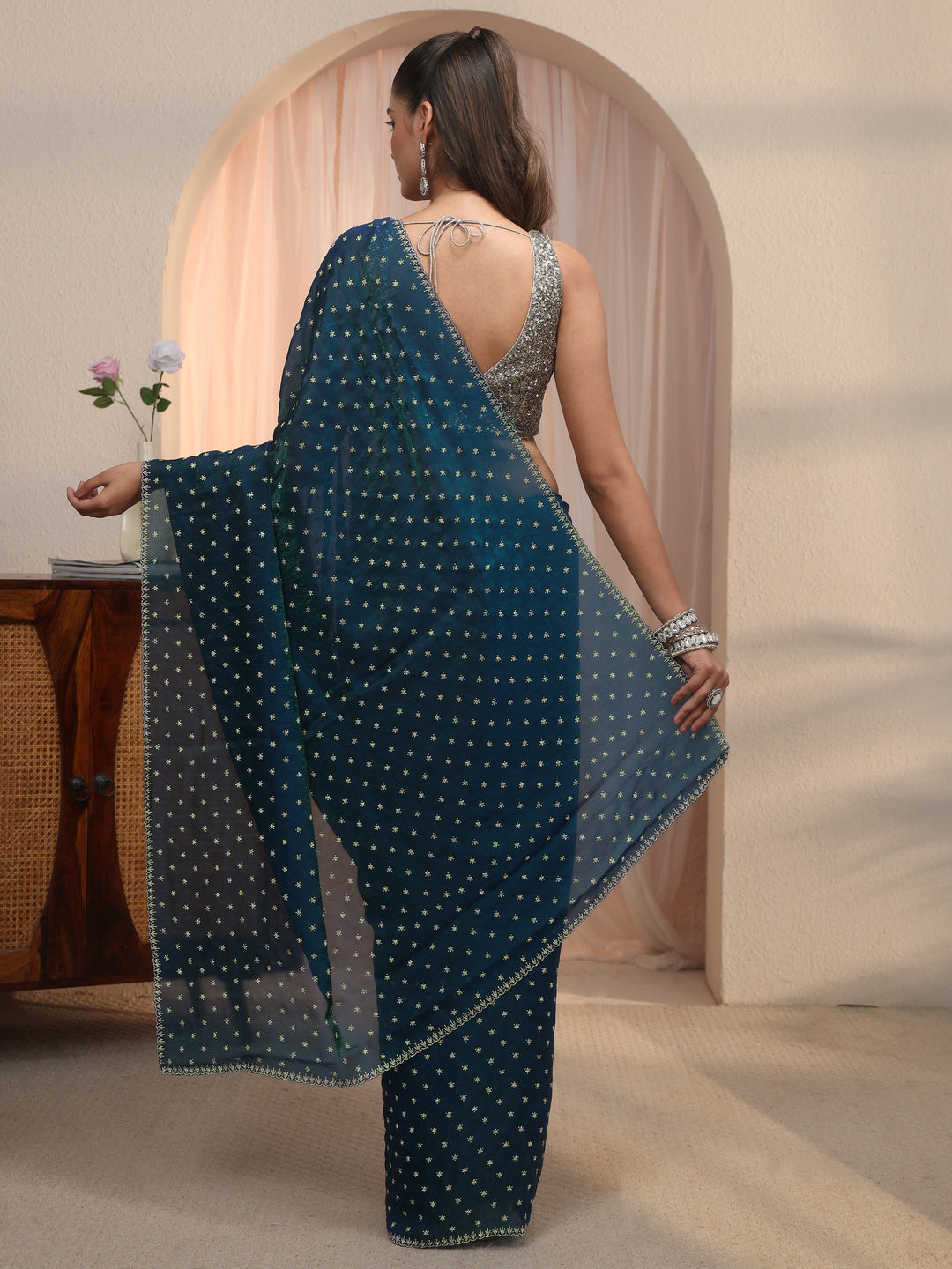  Libas Blue Stone Work Embellished Tissue Saree 
