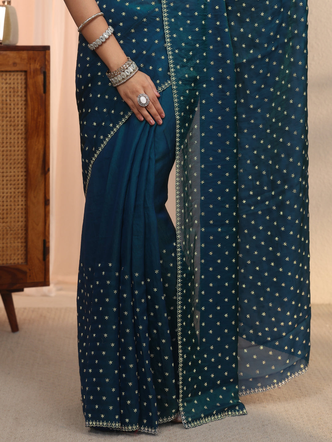  Libas Blue Stone Work Embellished Tissue Saree 