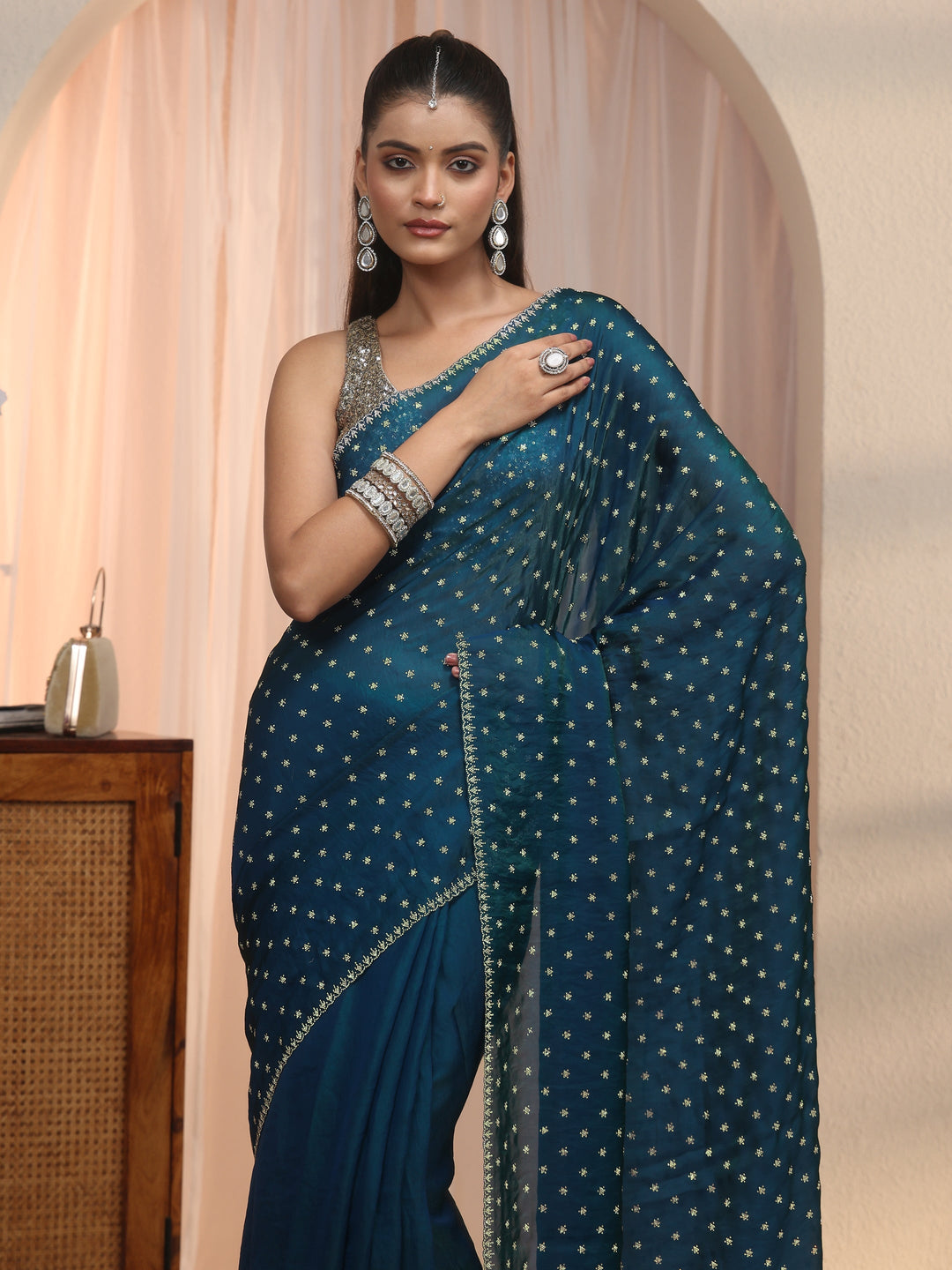  Libas Blue Stone Work Embellished Tissue Saree 