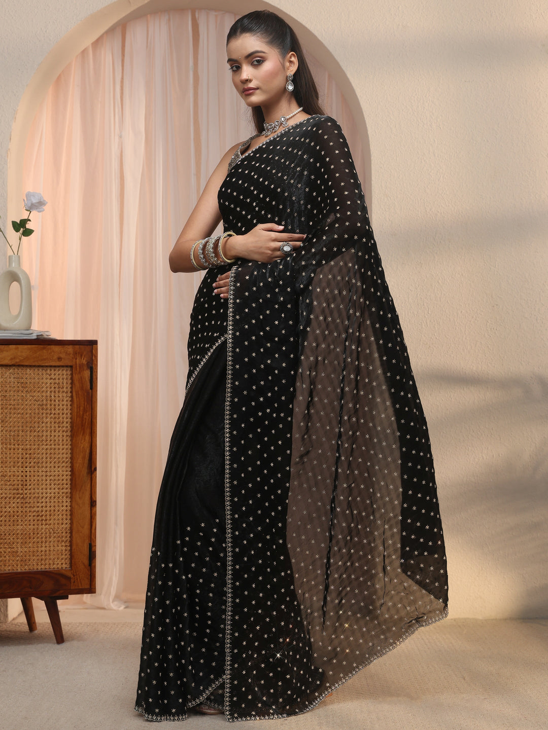  Libas Black Stone Work Embellished Tissue Saree 
