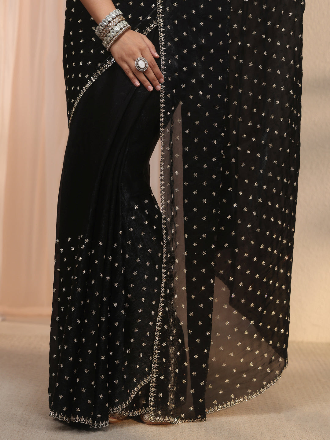  Libas Black Stone Work Embellished Tissue Saree 