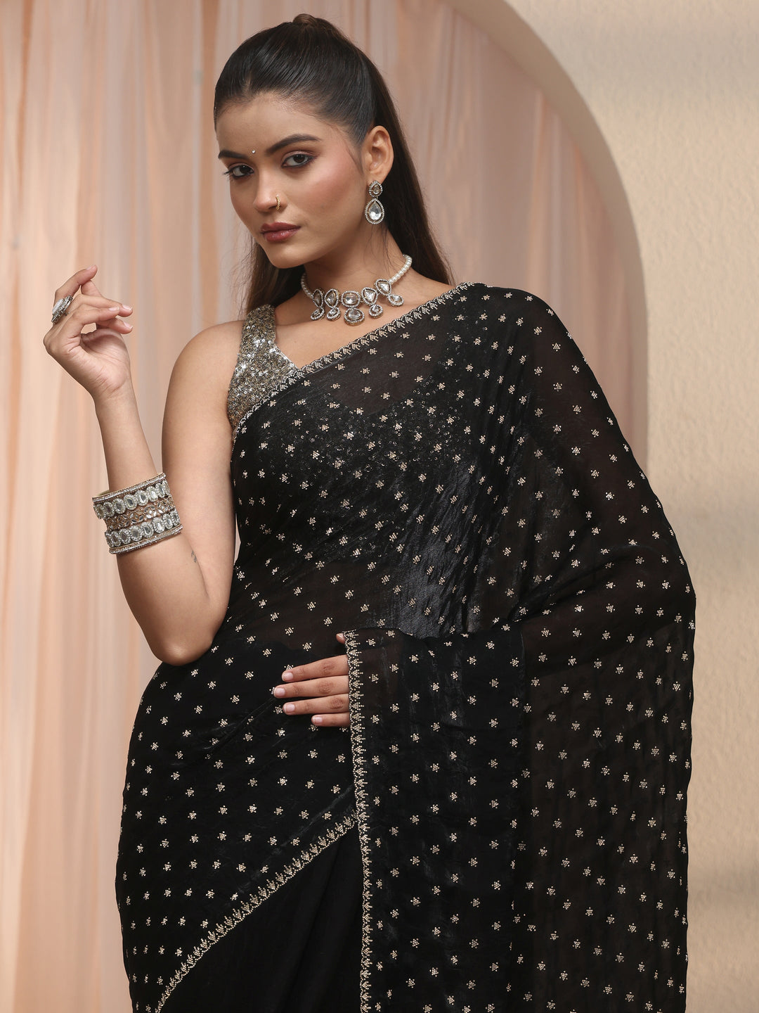  Libas Black Stone Work Embellished Tissue Saree 