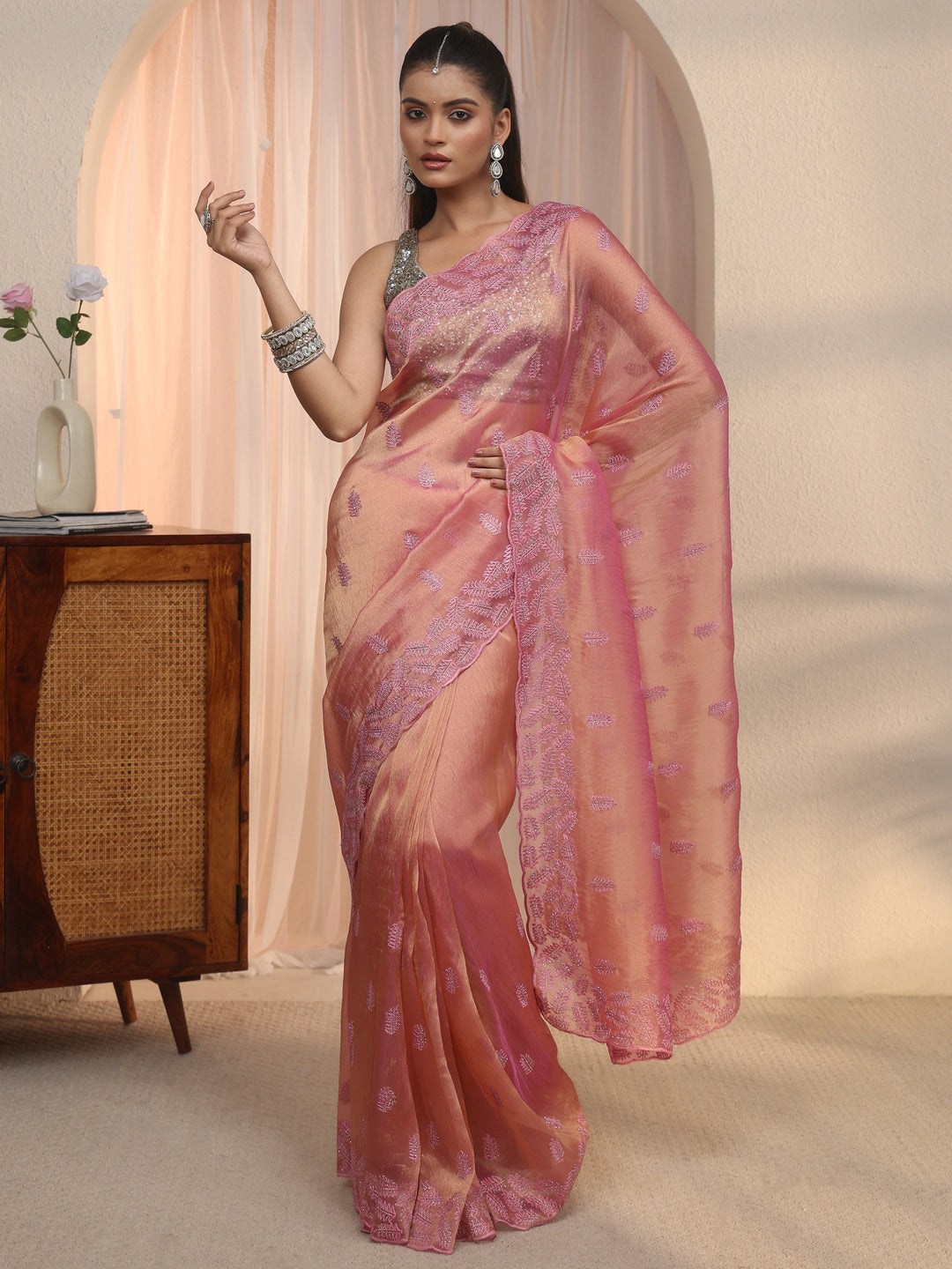  Libas Pink Leafy Embroidered Tissue Saree with Stone Work 