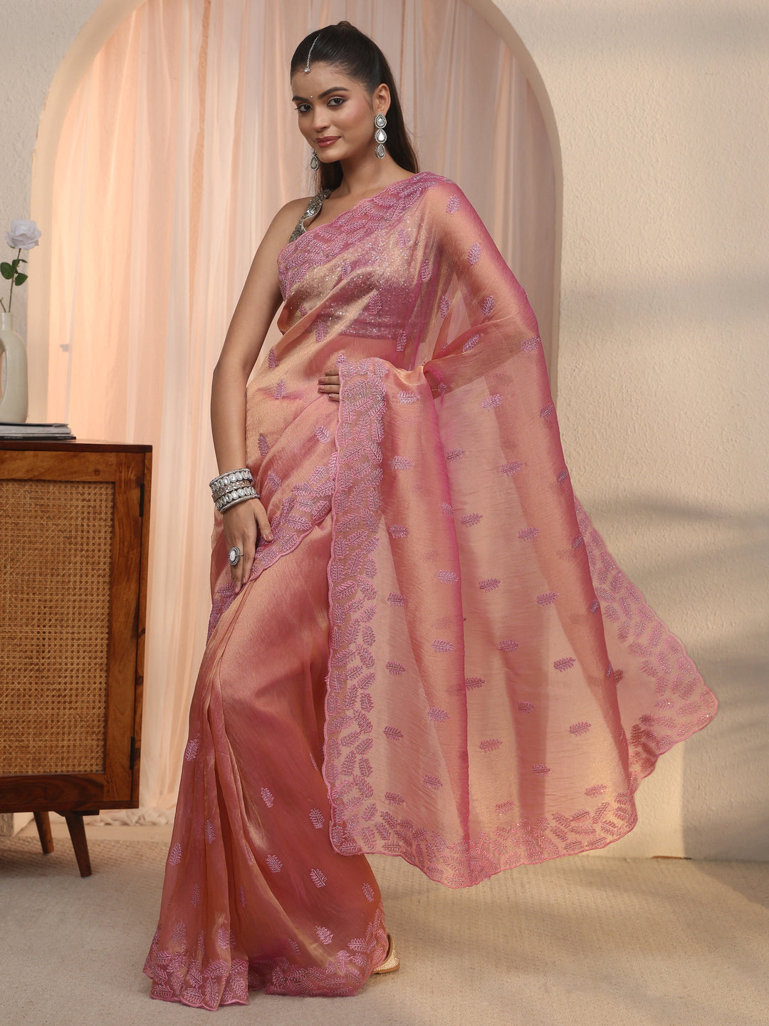  Libas Pink Leafy Embroidered Tissue Saree with Stone Work 
