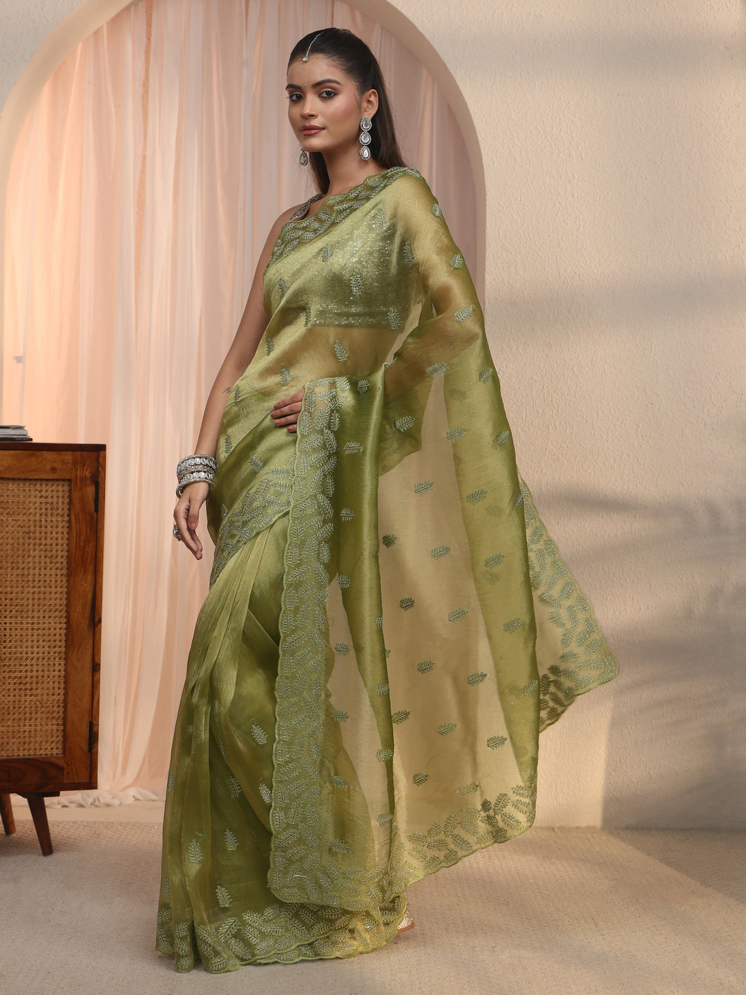  Libas Green Leafy Embroidered Tissue Saree with Stone Work 