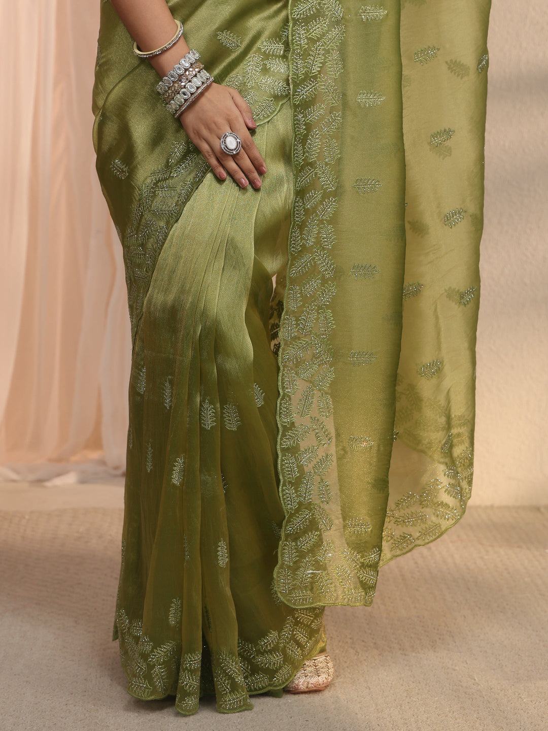  Libas Green Leafy Embroidered Tissue Saree with Stone Work 