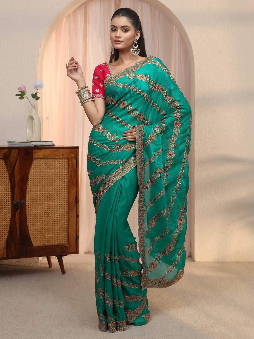  Libas Sea Green Floral Embroidered Tissue Saree 