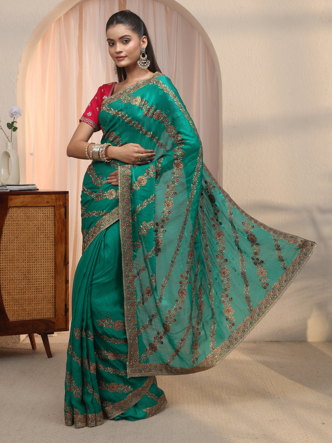  Libas Sea Green Floral Embroidered Tissue Saree 