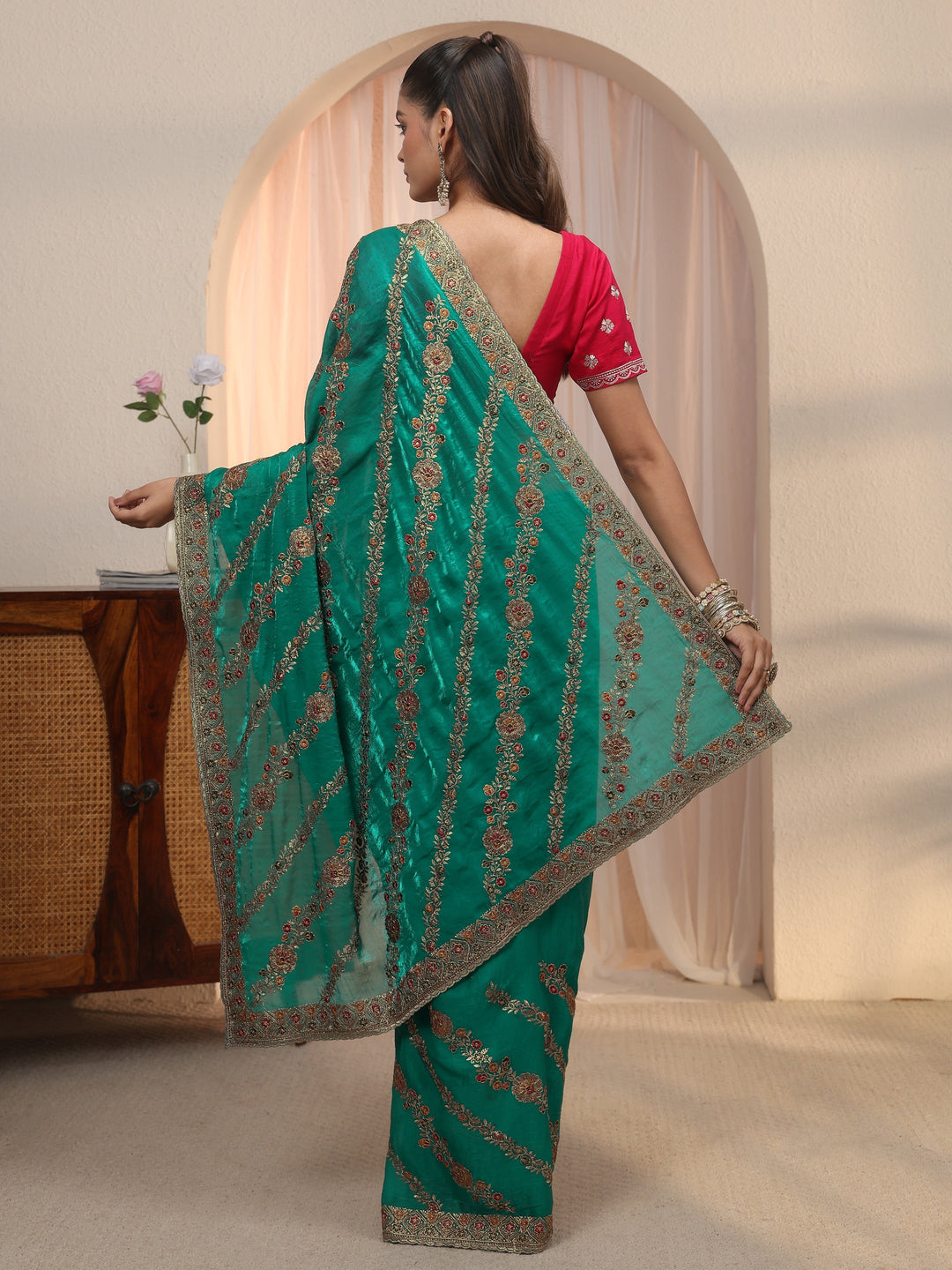  Libas Sea Green Floral Embroidered Tissue Saree 