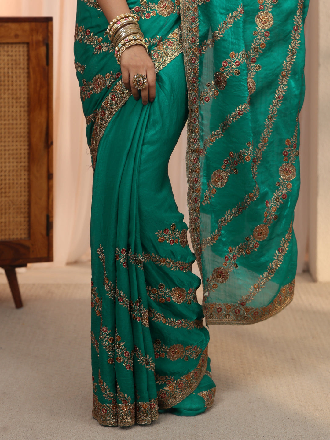  Libas Sea Green Floral Embroidered Tissue Saree 