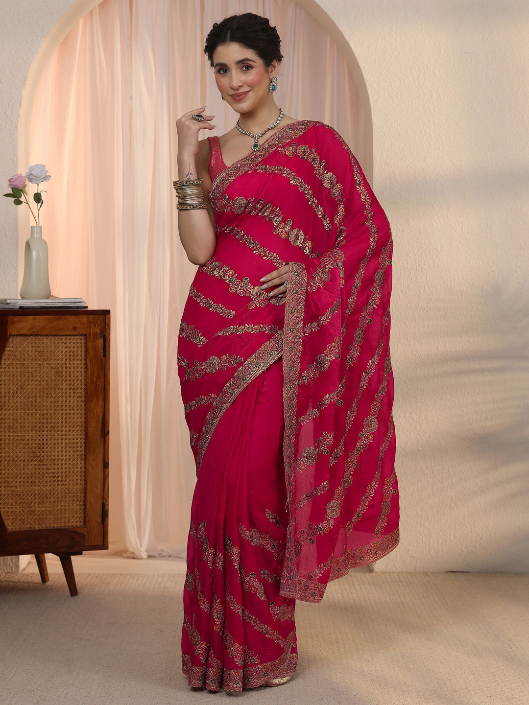  Libas Rani Pink Floral Embroidered Tissue Saree 