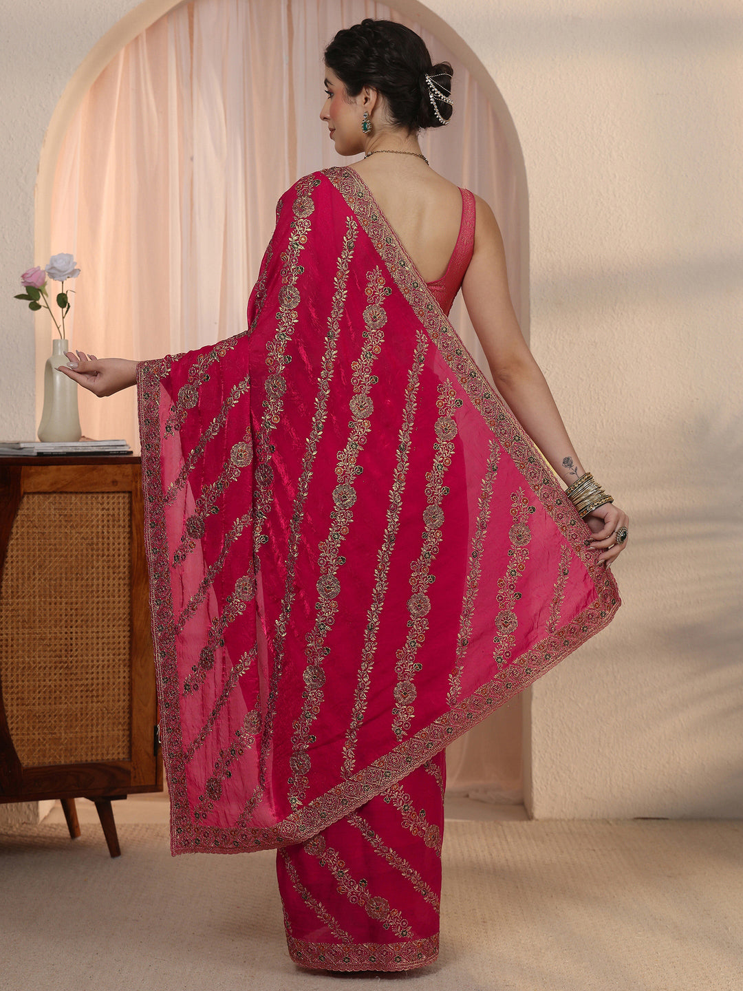 Libas Rani Pink Floral Embroidered Tissue Saree 