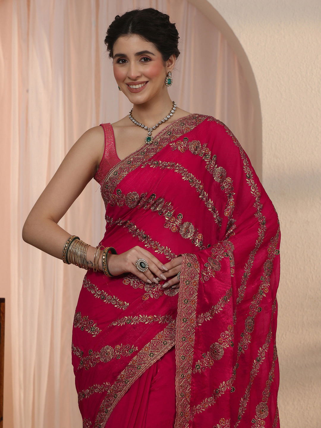  Libas Rani Pink Floral Embroidered Tissue Saree 