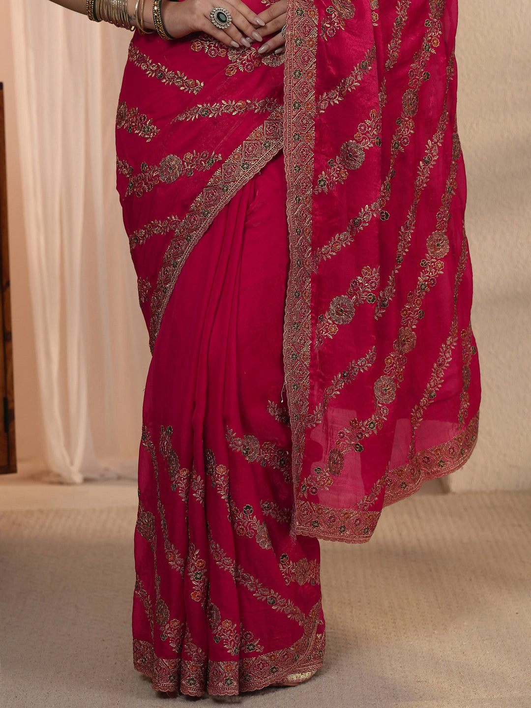  Libas Rani Pink Floral Embroidered Tissue Saree 