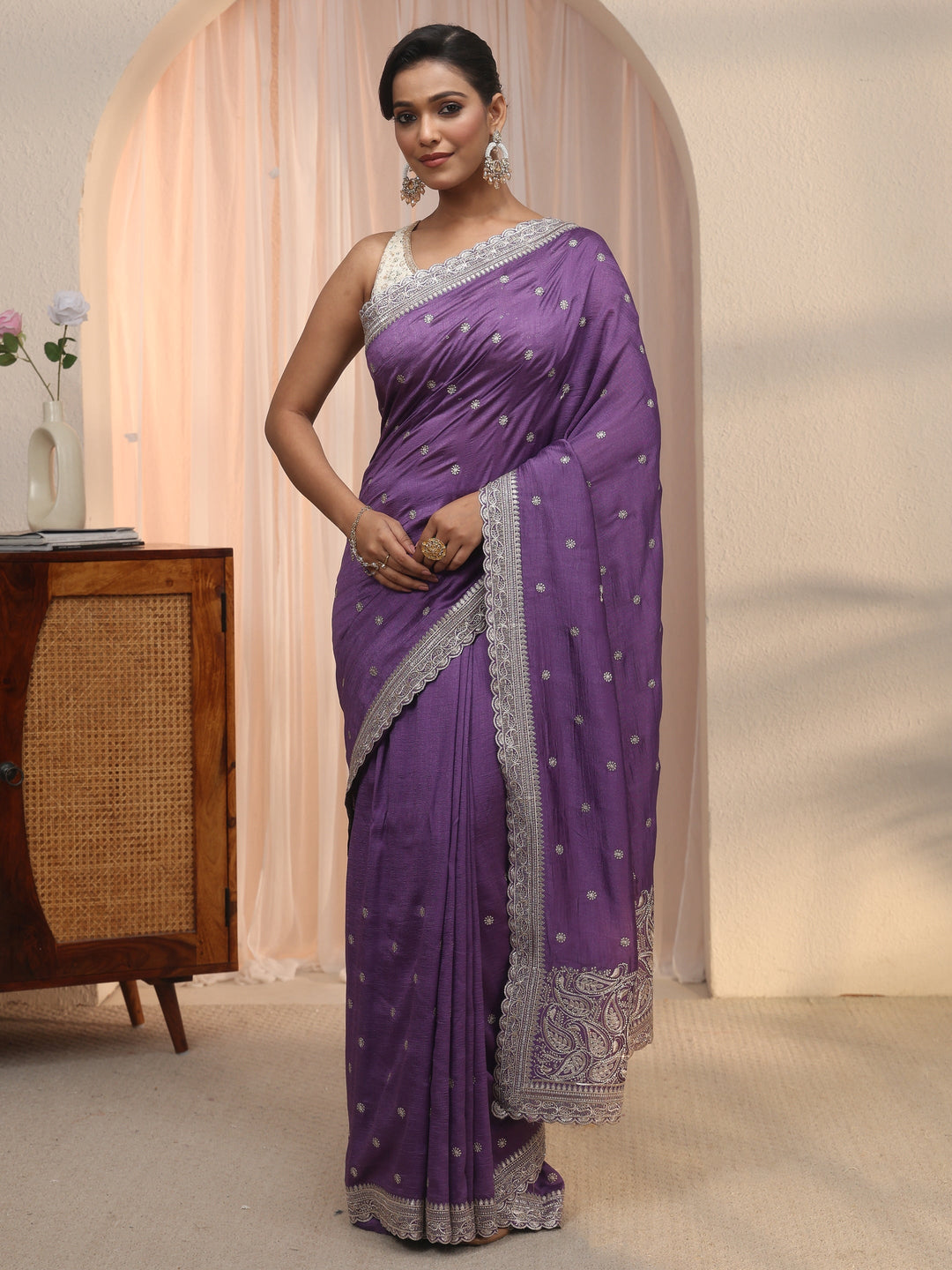  Libas Lavender Embroidered Silk Blend Saree with Paisley Pallu 