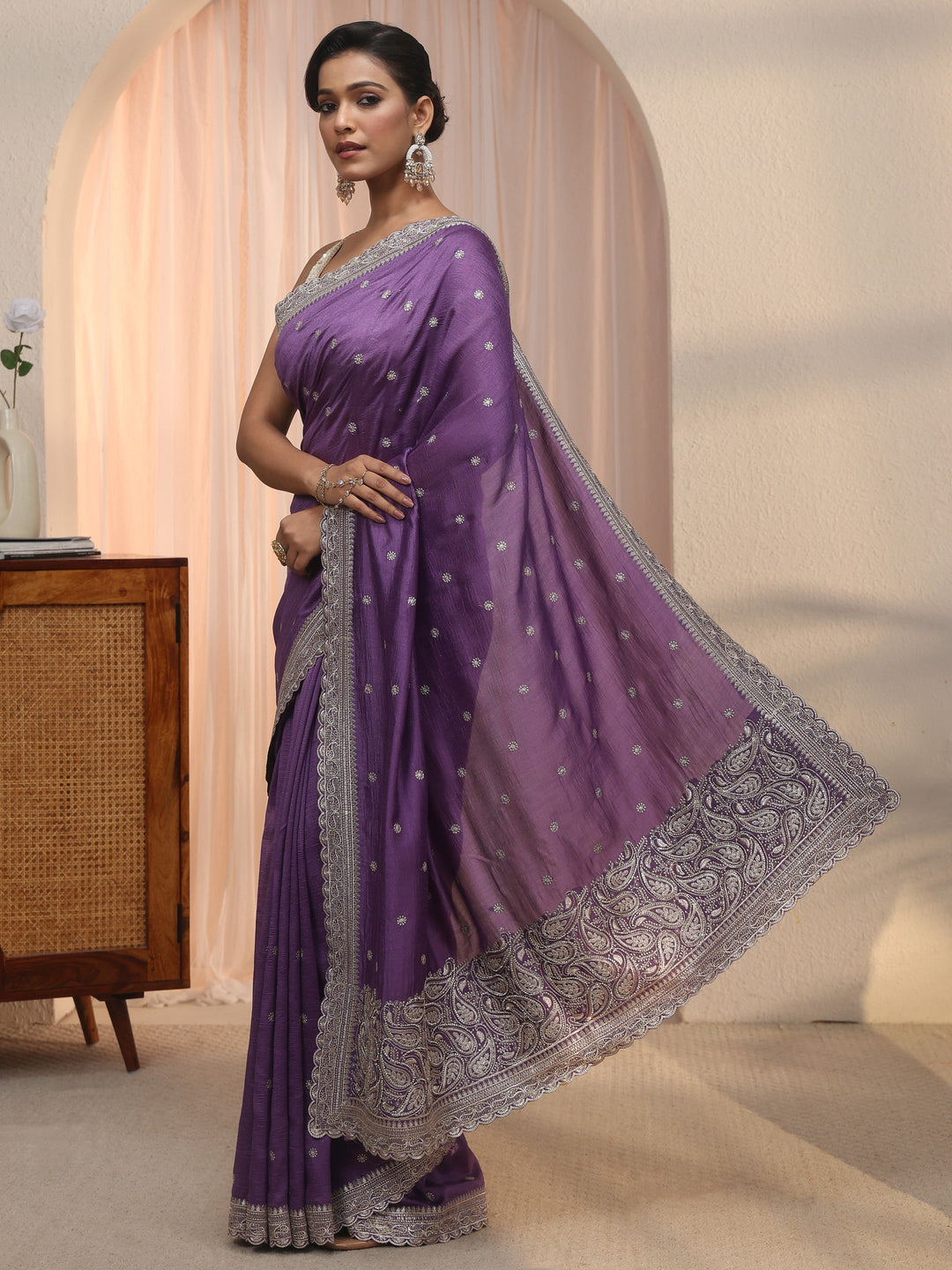  Libas Lavender Embroidered Silk Blend Saree with Paisley Pallu 