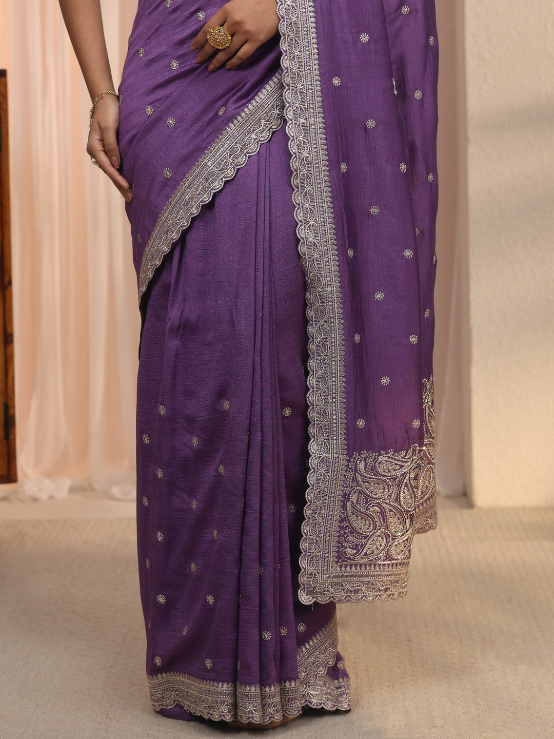  Libas Lavender Embroidered Silk Blend Saree with Paisley Pallu 
