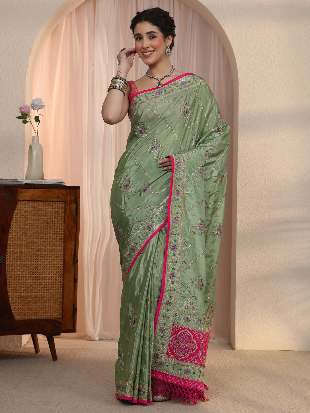 Libas Green Floral Embroidered Satin Tassel Saree 