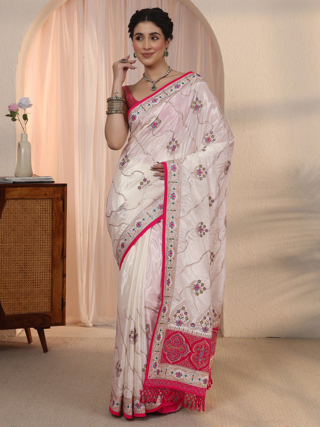  Libas Cream Floral Embroidered Satin Tassel Saree 