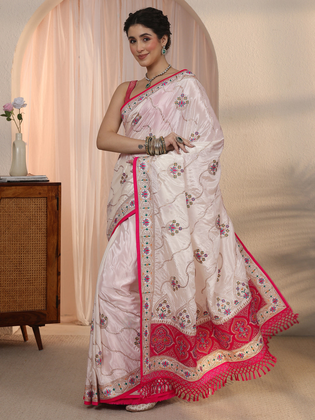  Libas Cream Floral Embroidered Satin Tassel Saree 