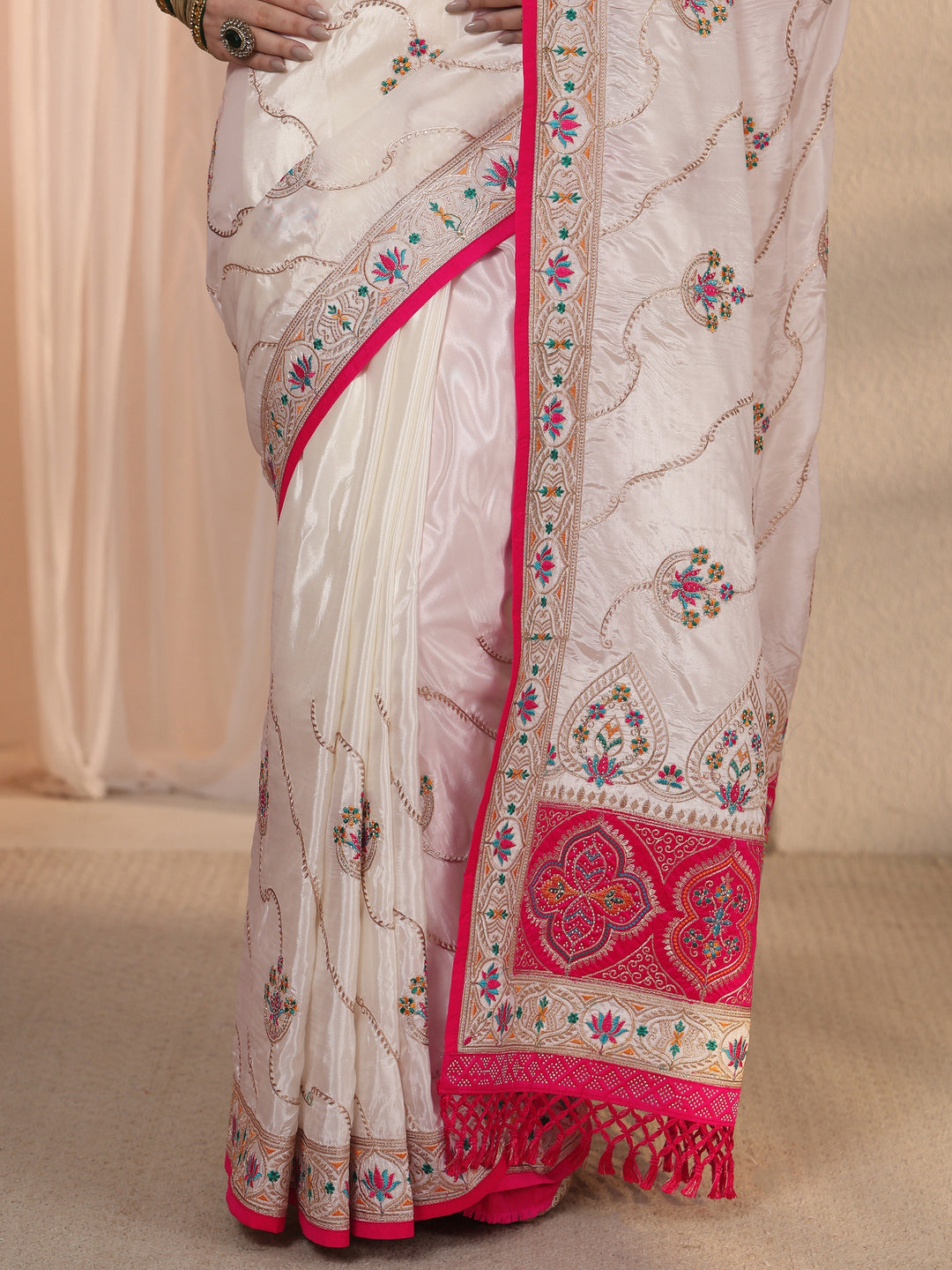  Libas Cream Floral Embroidered Satin Tassel Saree 