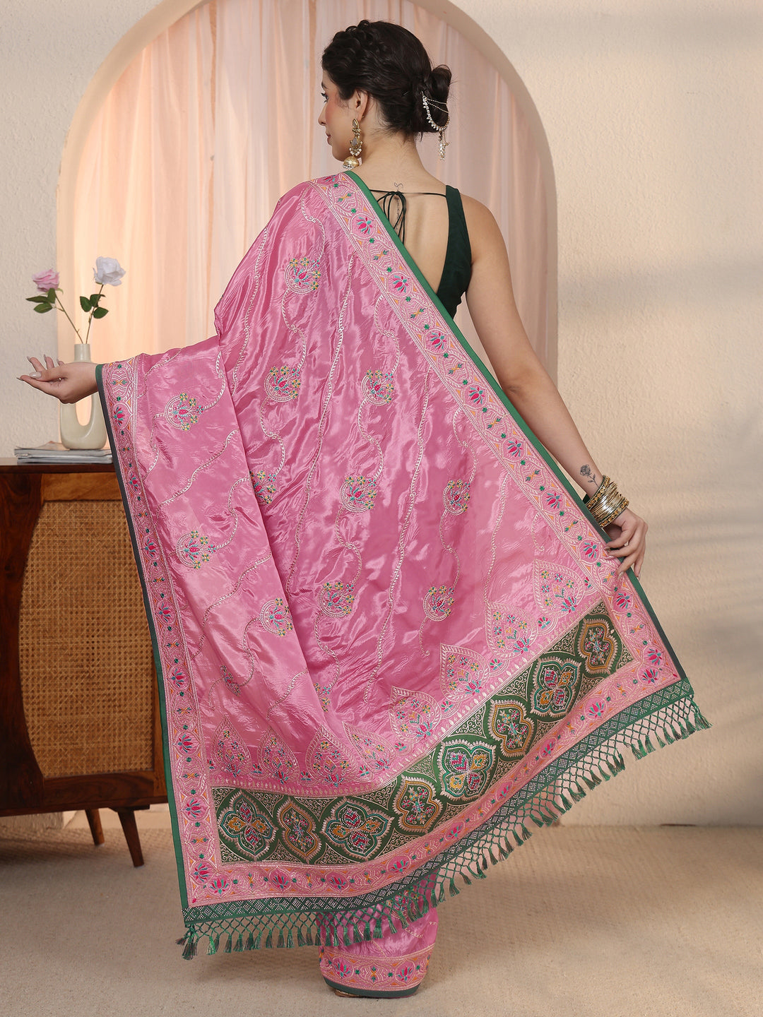  Libas Pink Floral Embroidered Satin Tassel Saree 