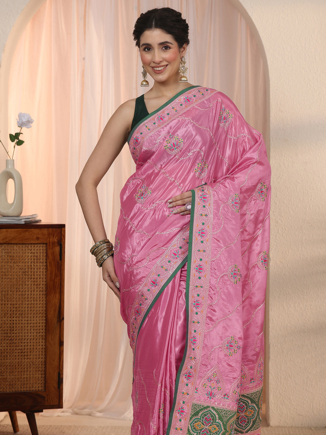  Libas Pink Floral Embroidered Satin Tassel Saree 