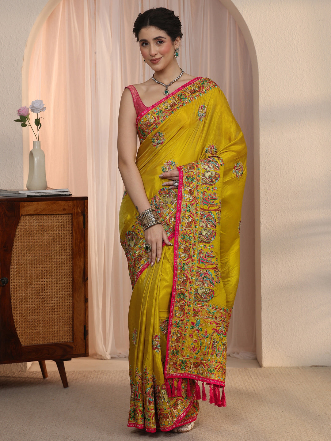  Libas Mustard Mughal Embroidered Satin Tassel Saree 