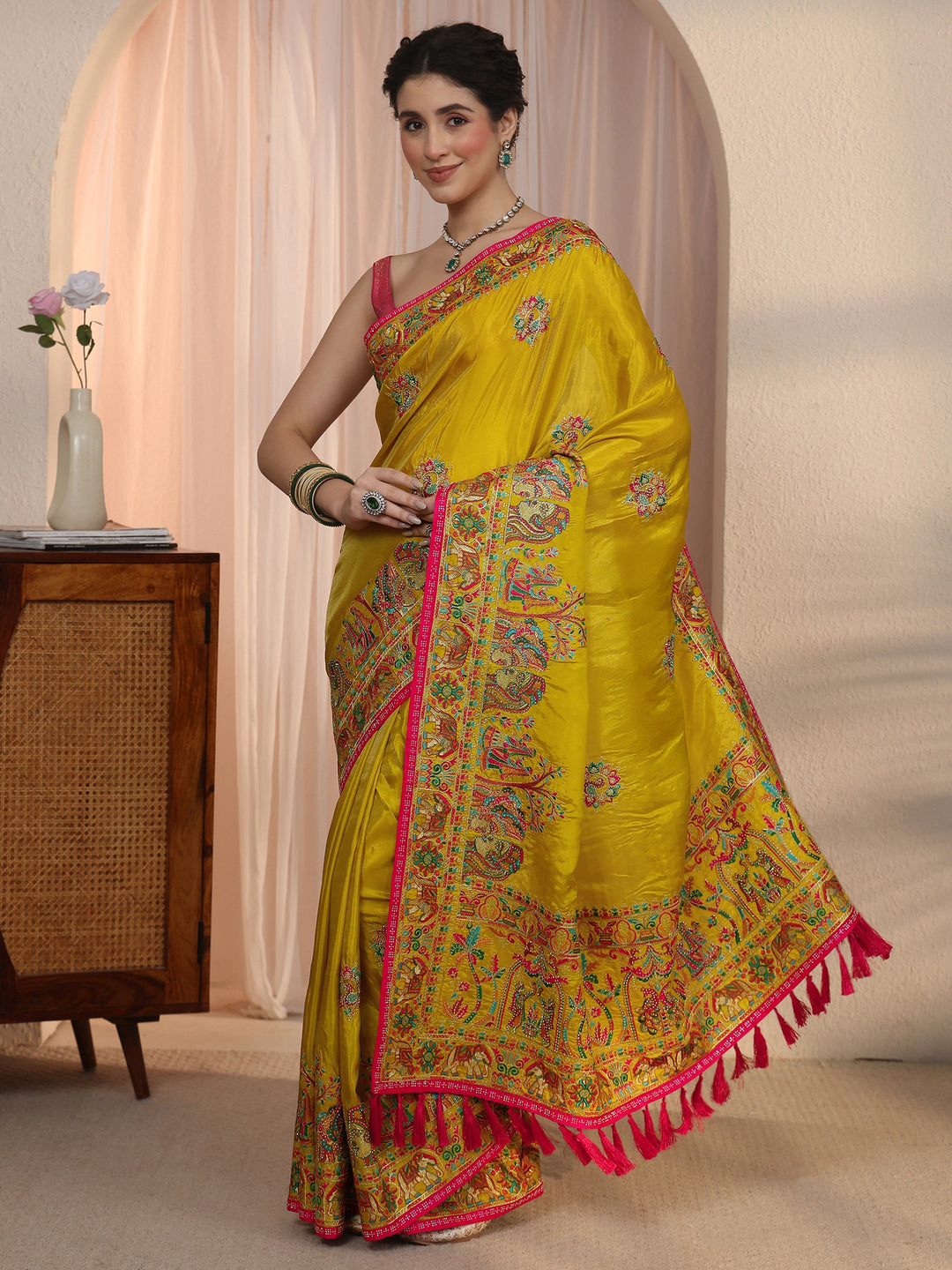  Libas Mustard Mughal Embroidered Satin Tassel Saree 
