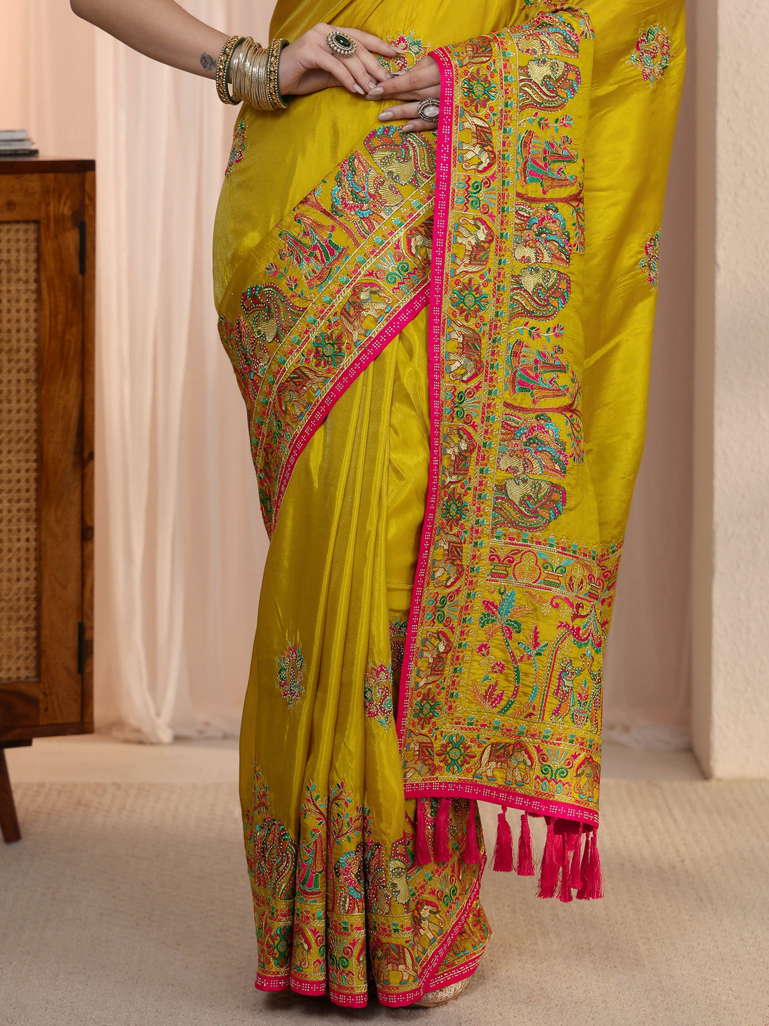  Libas Mustard Mughal Embroidered Satin Tassel Saree 