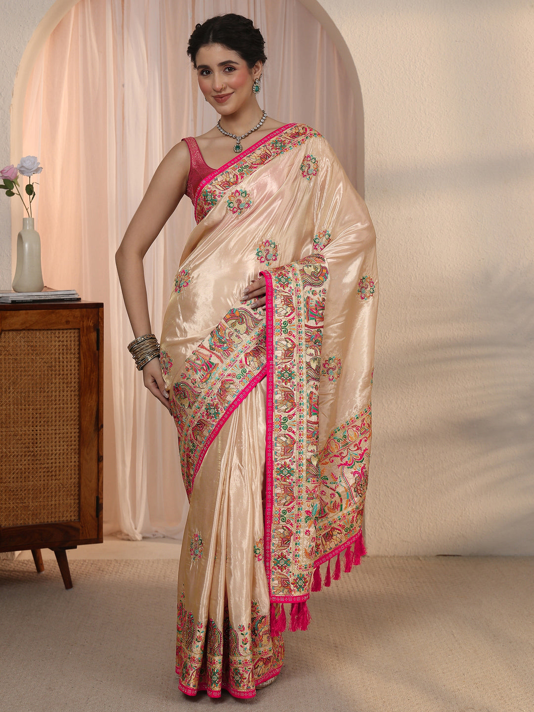  Libas Peach Mughal Embroidered Satin Tassel Saree 