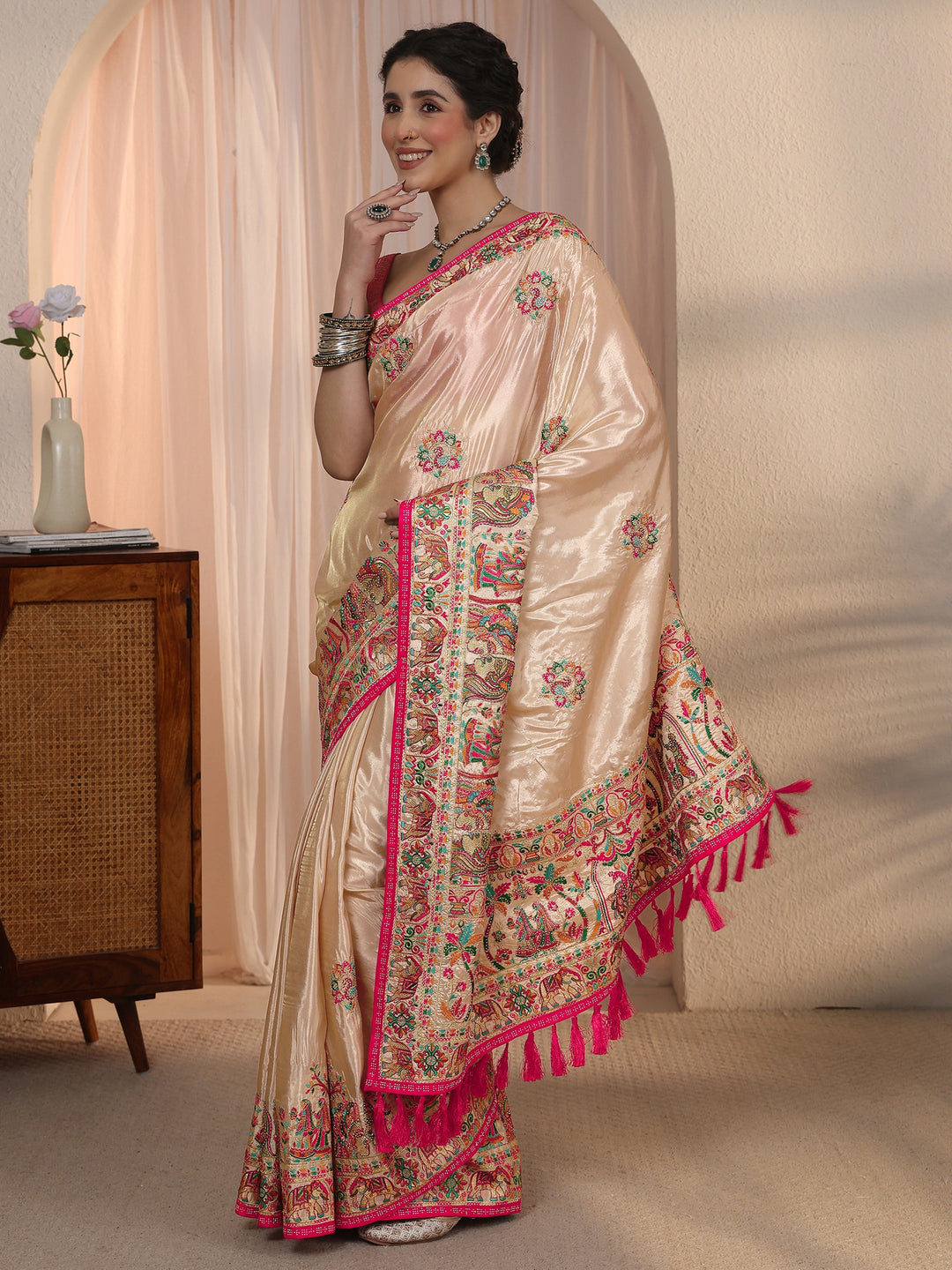  Libas Peach Mughal Embroidered Satin Tassel Saree 